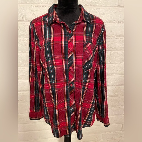 Red Green and Gold Plaid Button Down Long Sleeved Blouse, Sz XL - Picture 1 of 6